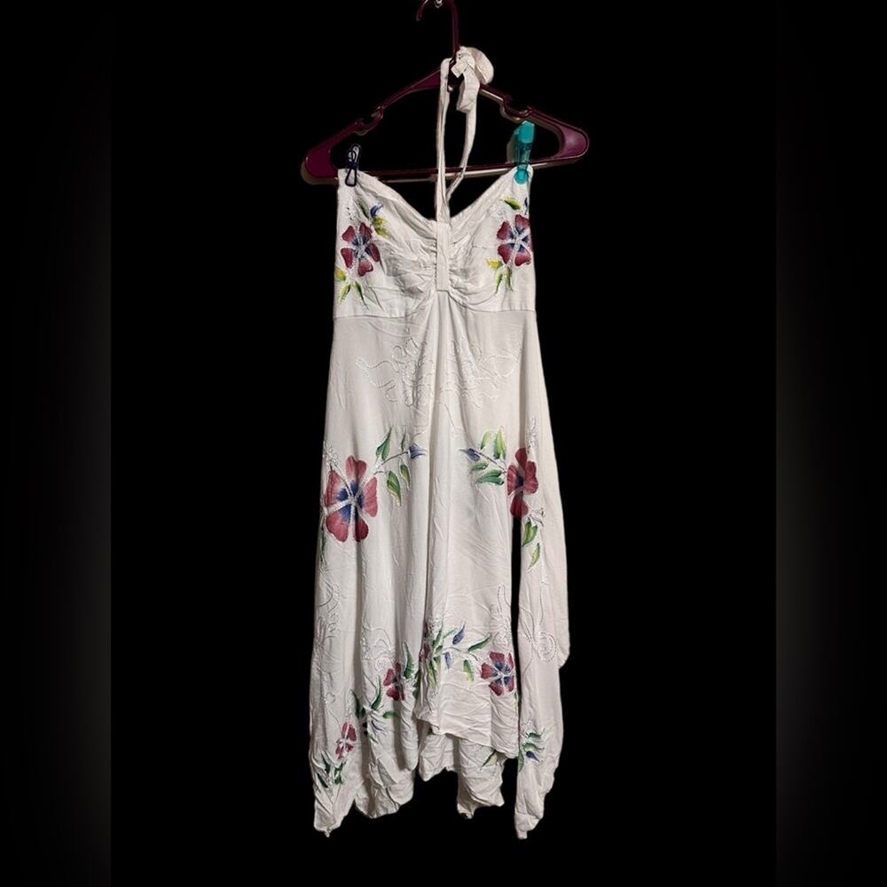 White Strapless Dress One Size Embroidered Flowers Handmade in Indonesia Boho